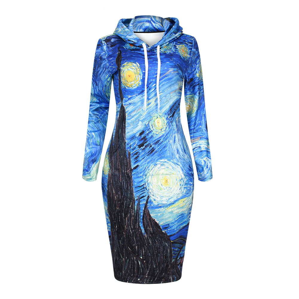 SZ60077 Blue Vortex Hooded Sweatshirt Dress Women Long Sleeve Hoodies Dress